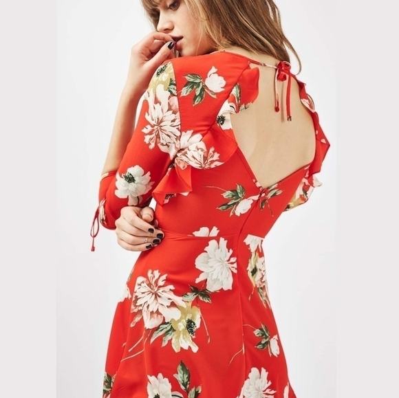 Topshop PETITE Red Paint Floral Tea Dress Size 0 - Picture 2 of 14